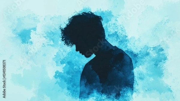 Fototapeta Abstract illustration of mental health, illness, depression, and isolation. Silhouette of a person against a blue watercolor background, conveying a sense of introspection and calmness.