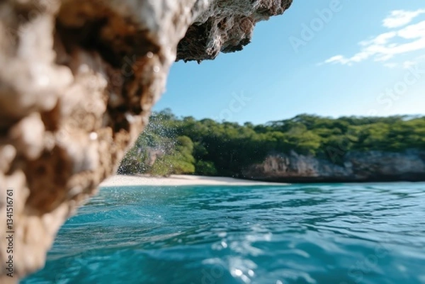 Fototapeta A breathtaking view of a hidden cove with glimmering crystal-clear waters, emphasized by the lush, verdant surroundings, inviting exploration and tranquility.