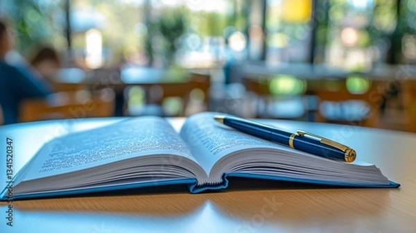 Obraz Open book, pen on table in cafe