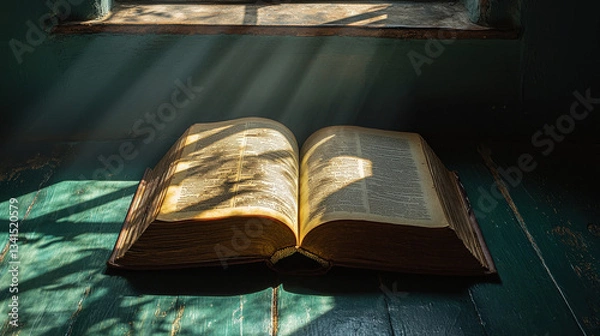 Obraz Reading in a sunlit room open book literary content cozy atmosphere tranquil viewpoint knowledge exploration