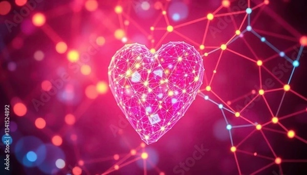 Fototapeta Abstract digital heart, vibrant interconnected nodes forming glowing network, internet, heartbeat