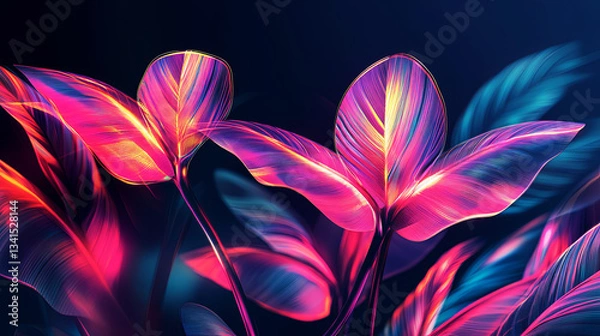 Obraz Futuristic glowing neon leaves in beautiful colors on a dark background