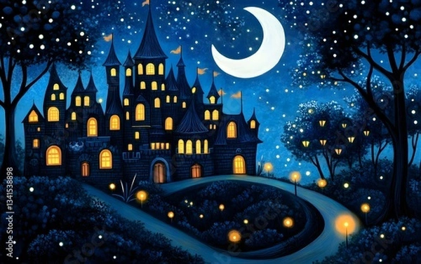Fototapeta Whimsical fairy tale castle pattern with enchanted forests, glowing lanterns, and hidden magical creatures
