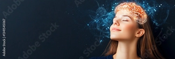 Fototapeta Woman with glowing neural signals surrounding her head illustrating cognitive energy and digital connection in a modern wellness focused environment
