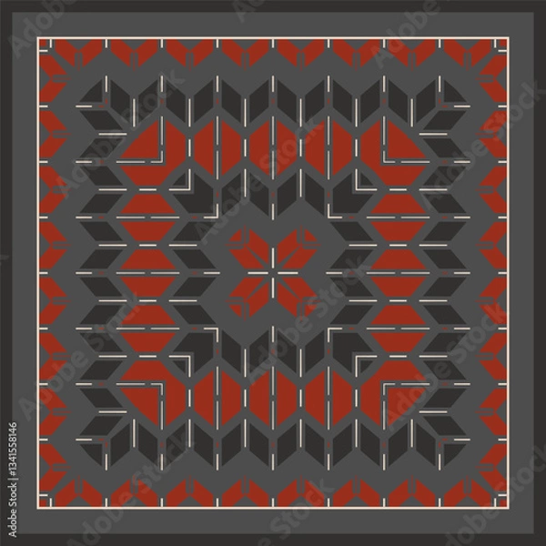 Obraz Style seamless patternin red black gray white in oriental style. Square ornament for scarves, pillows, for printing on fabric or paper. Ribbon. Frame.