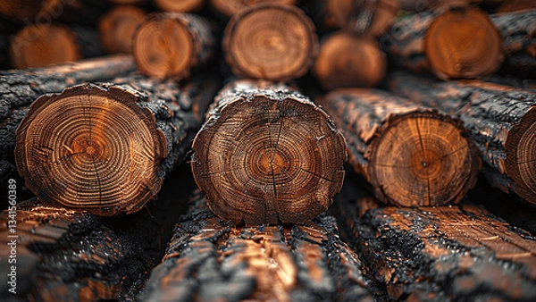 Fototapeta Rustic Stacked Logs Close Up with Detailed Wood Grain and Charred Bark