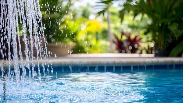 Obraz A bright blue swimming pool with a waterfall feature, surrounded by lush greenery and vibrant plants. Concept Bright Blue Pool, Waterfall Feature, Lush Greenery, Vibrant Plants, Outdoor Oasis