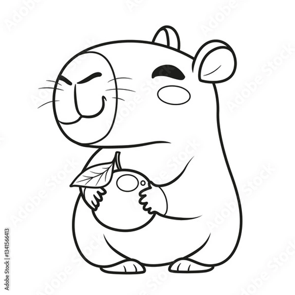 Fototapeta Cute cartoon capybara holds a tangerine with leaf in paws outlined for coloring page on white background