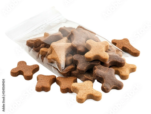 Fototapeta Assorted dog treats in a clear bag on a white background, ideal for pets and animal nutrition lovers, showcasing different shapes and textures of snacks