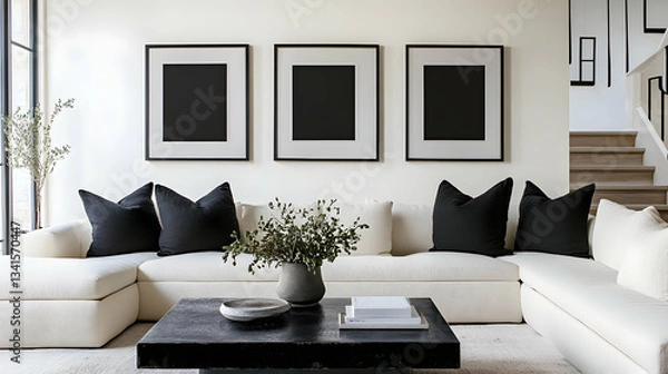 Fototapeta A modern living room with a white sofa and three framed black square artworks, creating a high-contrast minimalist aesthetic.

