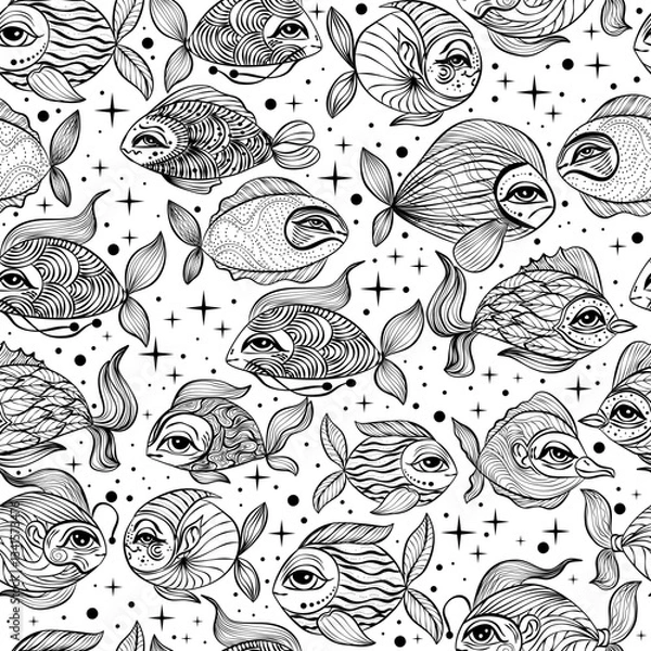 Obraz Seamless pattern with fish. Fantasy fish in doodle style.