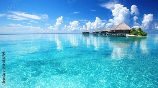 Fototapeta Idyllic Maldives island retreat with turquoise waters and luxurious overwater bungalows