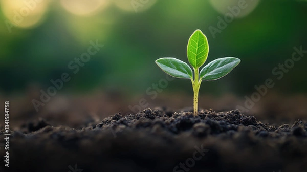 Fototapeta Earth Day concept: delicate green seedling sprouting from fertile soil with soft-lit details. Minimalist bokeh background, shallow depth of field, and eco-themed high-res growth symbolism