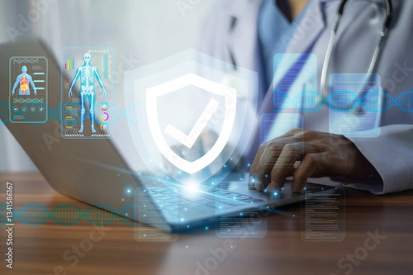 Fototapeta Cybersecurity for doctors and healthcare professionals is essential to protecting patient data, preventing data breaches, and ensuring medical record confidentiality in today's digital world.