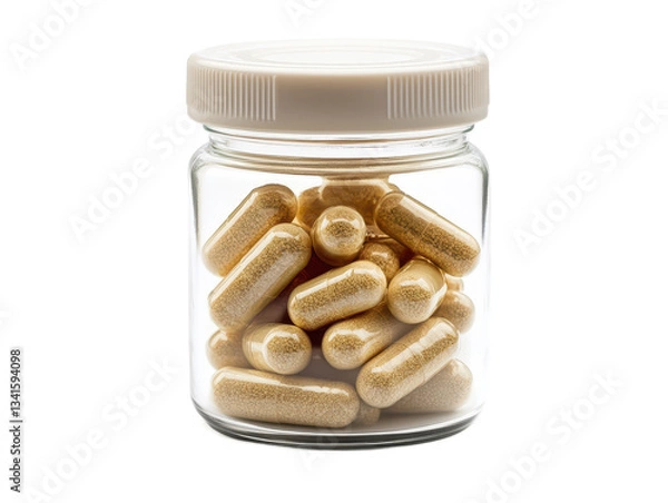 Obraz Clear glass jar filled with golden capsules showcasing dietary supplements for health and wellness in a modern and attractive setting