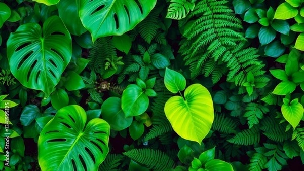Fototapeta Lush Green Foliage Background Featuring Monstera, Ferns, and Various Tropical Plants