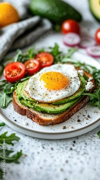 Fototapeta Delicious avocado toast topped with a fried egg, served with fresh tomatoes and arugula on a cozy kitchen table