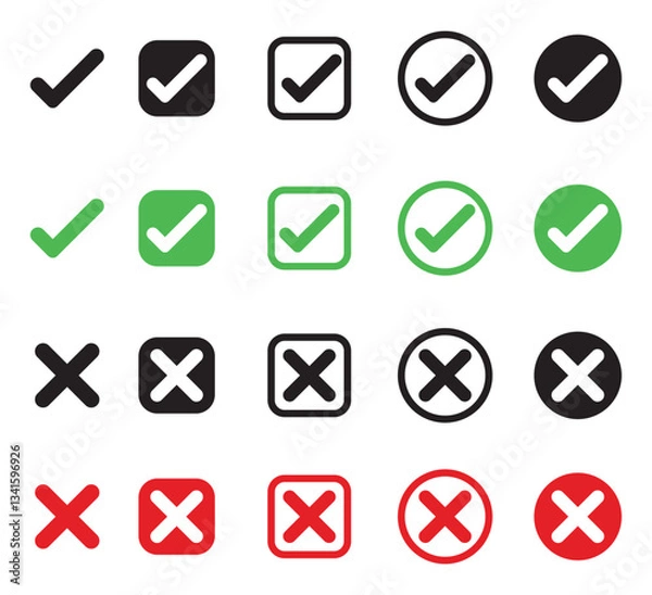 Fototapeta  check mark and red cross icon set. Circle and square. Checkmark Illustration. Vector symbols set ,checkmark. Vector illustration.