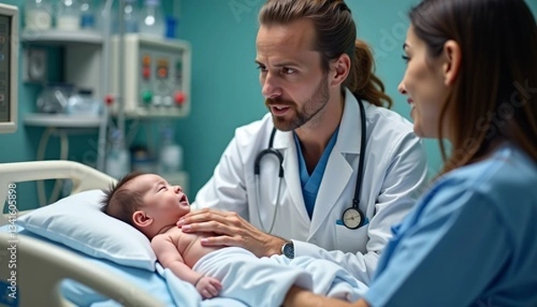 Fototapeta A NICU doctor explaining the baby's condition to worried parents.
