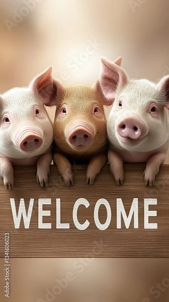 Obraz Three playful pigs welcome visitors with a wooden sign in a friendly environment, creating a charming and inviting atmosphere for farm lovers
