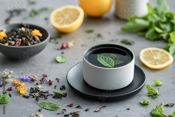 Fototapeta Grey stone surface, tea cup with mint tea, loose tea blends, citrus fruits
