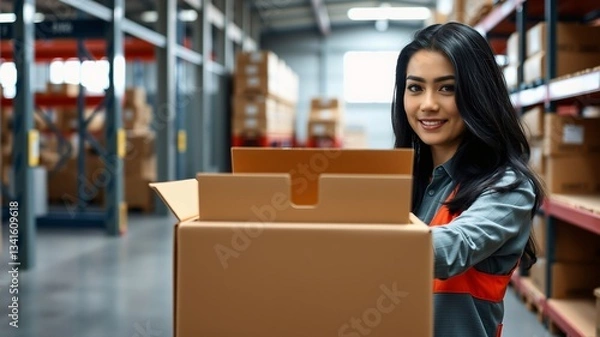Fototapeta Smiling Warehouse Worker Handling Cardboard Box in Modern Storage Facility