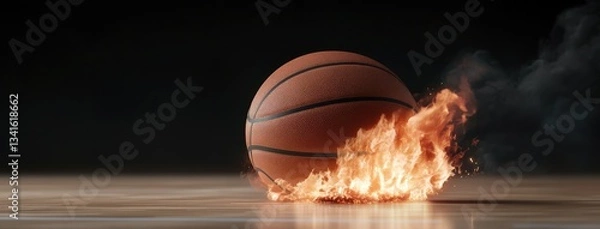 Fototapeta A vibrant basketball rolls through a mesmerizing display of flames on a court, creating an electrifying atmosphere during an intense nighttime sports moment