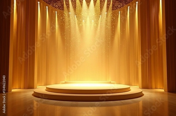 Fototapeta Golden marble stage podium with intense spotlight glow, stage, lighting