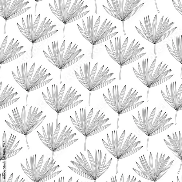 Obraz Black and white line art vector seamless pattern with palm leaves.
