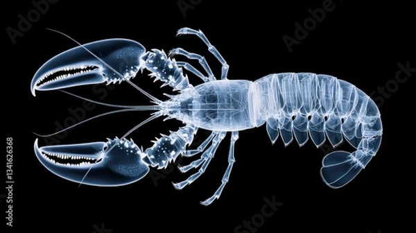 Fototapeta X-Ray Lobster: A unique X-ray image of a lobster against a black background, revealing its intricate skeletal structure and fascinating details.