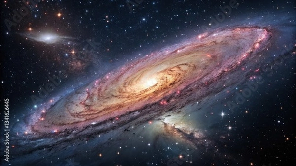 Fototapeta A stunning view of a spiral galaxy, filled with cosmic dust and countless stars, creating a breathtaking display of the universe's beauty. The galaxy stretches across the vast expanse of space.