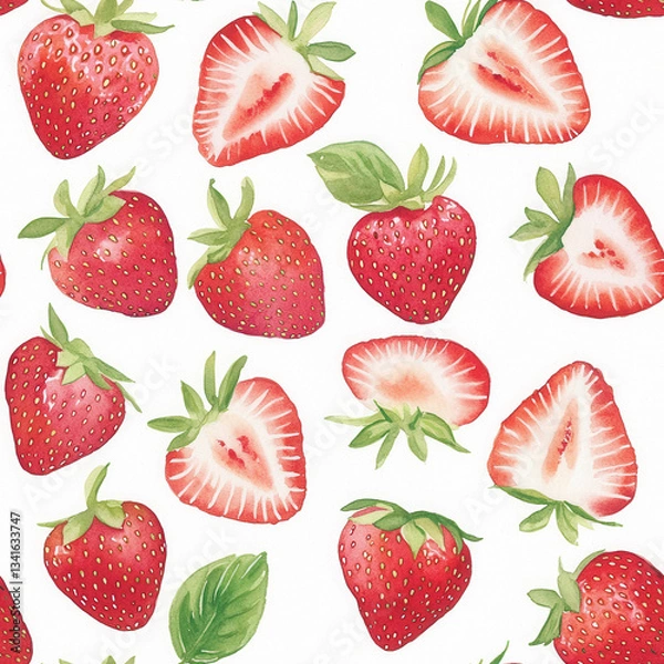 Fototapeta Fresh strawberries, vibrant red and green, arranged in delightful pattern. juicy fruit showcases both whole and sliced pieces, highlighting their natural beauty and freshness