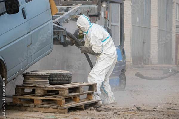 Fototapeta industrial processing of rusty metal of a car body with a sandblasting machine