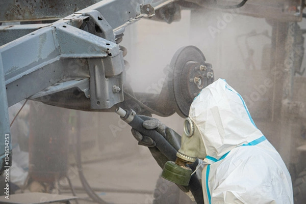 Fototapeta industrial processing of rusty metal of a car body with a sandblasting machine