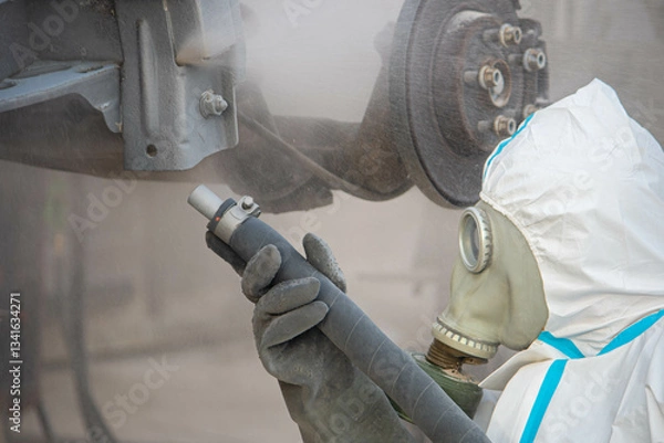 Fototapeta industrial processing of rusty metal of a car body with a sandblasting machine
