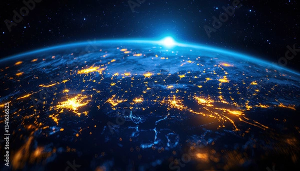 Fototapeta stunning view of Earth from space, showcasing illuminated cities and vastness of universe