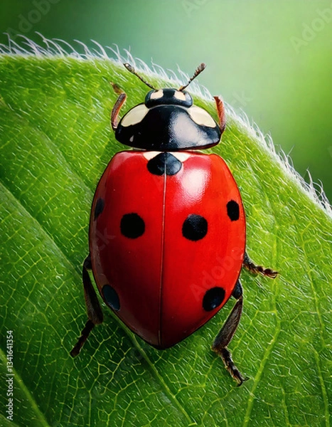 Fototapeta View from above of a red ladybug on a green leaf