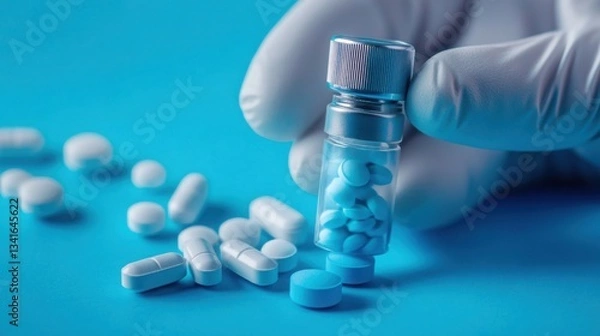 Fototapeta rosted inhaler and azure pills on glacial-blue background, doctor in silver gloves,