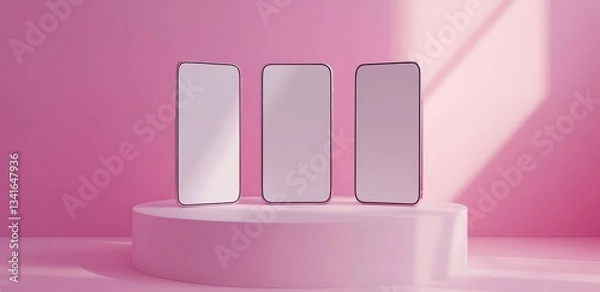 Fototapeta Three White Frameless Mobile Phones Displayed on Pink Pedestal Against a Gradient Pink Backdrop With Subtle Shadow Light
