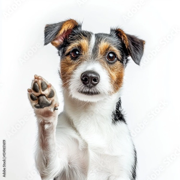 Fototapeta Playful dog raising paw in studio setting, showcasing friendly demeanor and clear background
