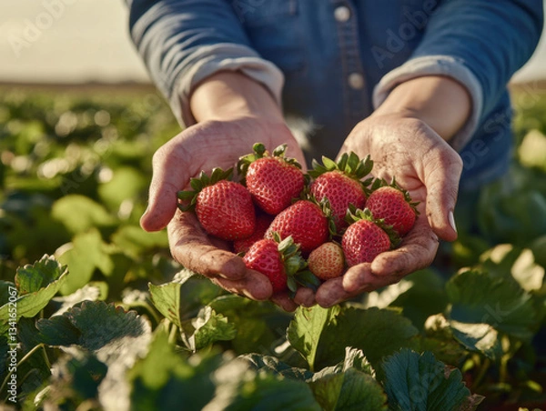 Obraz Close-up of hands holding fresh, juicy strawberries in a field. The background is blurred, showing a farmer - young woman wearing a casual shirt. The focus is on the detailed texture of the strawberri