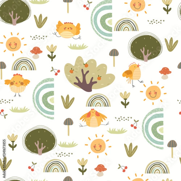 Fototapeta Seamless pattern with little chiks , cartoon nature and rainbows. Cute vector illustration for Easter.
