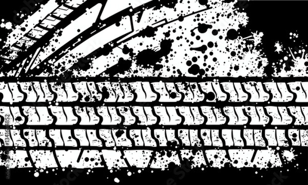 Fototapeta Tire texture with splatter effects creates dynamic and artistic representation of tread patterns, showcasing ruggedness and design of vehicle tires