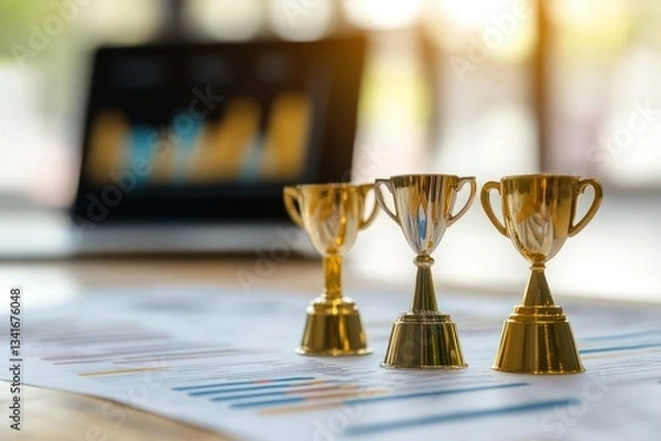 Fototapeta Golden trophies on a prize chart with laptop display in a bright office environment
