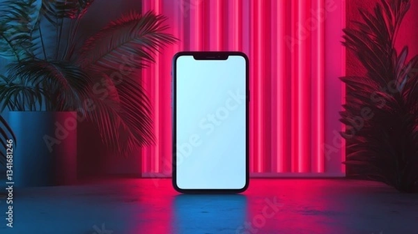Fototapeta Mobile phone blank white screen mockup with stylish neon lighting in creative studio.