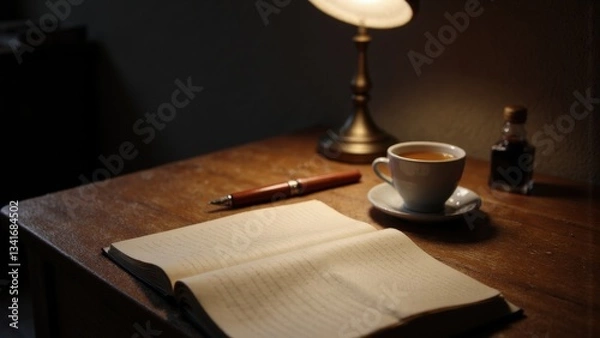 Obraz Cozy workspace with open journal, coffee cup, lamp, and fountain pen on wooden table