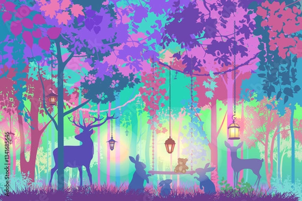 Obraz Silhouettes of animals in a magical forest with colorful trees and lanterns. Deer, rabbits, and a plush bear create a fairytale atmosphere. Fantasy, dreamlike scenery with enchanted woodland vibes
