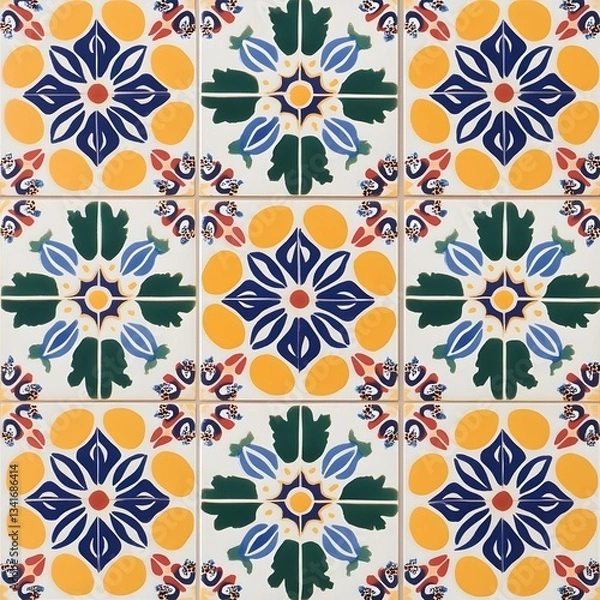 Fototapeta A repeating pattern of colorful Moroccan tiles with intricate symmetrical designs.