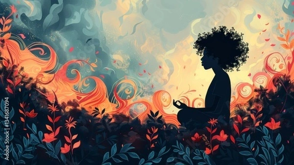 Fototapeta Meditation surrounded by swirling botanical elements inspires mindfulness and tranquility in nature