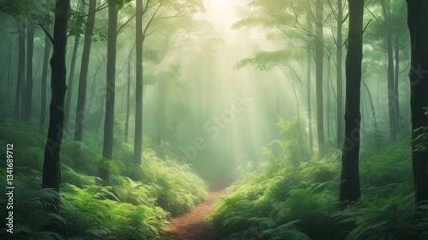 Fototapeta Lush green forest with morning mist and sunlight filtering through the trees.